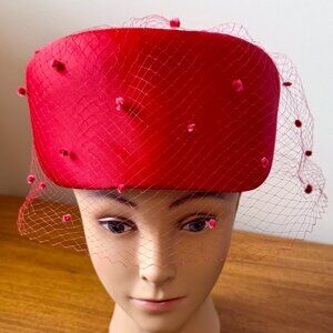 Vintage Red Satin Pill Box Hat with Net